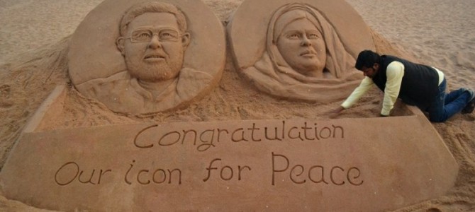 Sandart from Odisha beach by Sudarshan Pattnaik for Nobel Winners