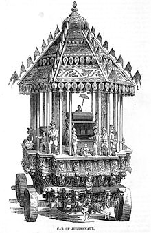 (The Car of Juggernaut, as depicted in the 1851 Illustrated London Reading Book Juggernaut cart in the ulsoor temple complex in Bangalore, India, around 1870)