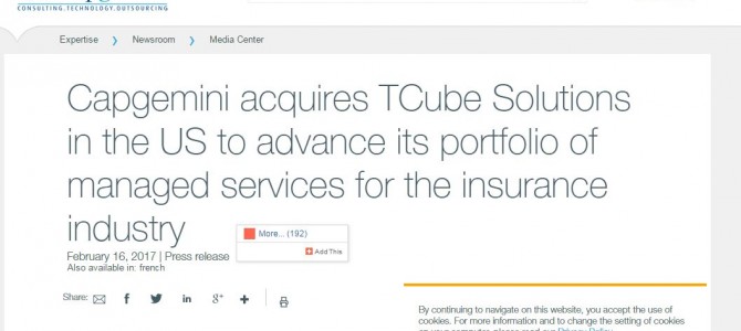 Capgemini Press Release on acquiring Bhubaneswar based TCube Solutions